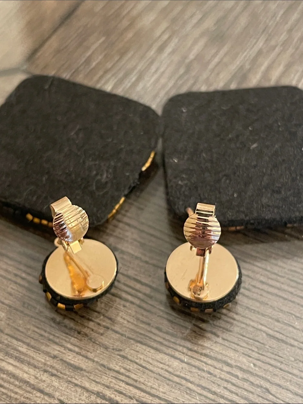 Vintage Style Square Geometric Black & Gold Seed Bead Dangle Clip Earrings